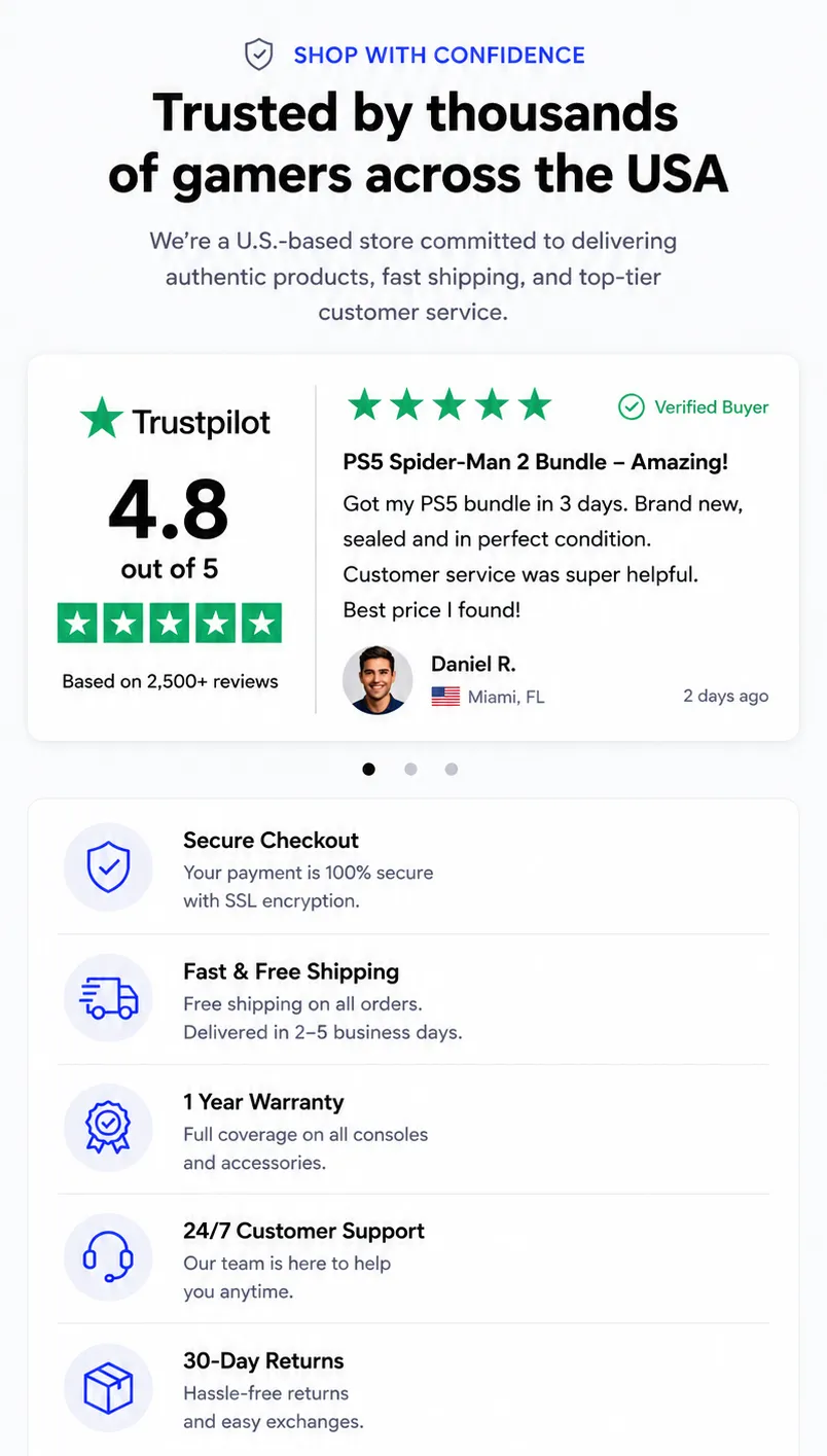 Trusted by thousands of gamers across the USA — Secure Checkout, Fast & Free Shipping, 1 Year Warranty, 24/7 Support, 30-Day Returns